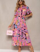 retro & icone Rochie tip cămașă Roz cu Imprimeu Abstract cu Curea din material în talie Archbia
