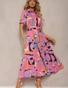 retro & icone Rochie tip cămașă Roz cu Imprimeu Abstract cu Curea din material în talie Archbia