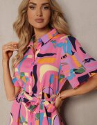 retro & icone Rochie tip cămașă Roz cu Imprimeu Abstract cu Curea din material în talie Archbia