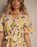 retro & icone Rochie tip cămașă Roz Evazată cu cordon legat și mânecă scurtă Lavialane