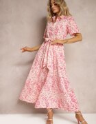 retro & icone Rochie tip cămașă roz florală cu cordon din material Freria