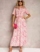 retro & icone Rochie tip cămașă roz florală cu cordon din material Freria