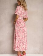 retro & icone Rochie tip cămașă roz florală cu cordon din material Freria