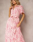 retro & icone Rochie tip cămașă roz florală cu cordon din material Freria