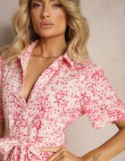 retro & icone Rochie tip cămașă roz florală cu cordon din material Freria