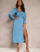 retro & icone Rochie tip petrecută Albastră de satin cu Model Geometric Hurush