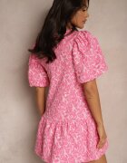 retro & icone Rochie Trapez Roz cu mâneci cu elastic și cu volan la bază Ninatiela
