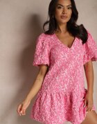 retro & icone Rochie Trapez Roz cu mâneci cu elastic și cu volan la bază Ninatiela