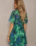 retro & icone Rochie Verde-Albastru cu croială evazată cu elastic în talie și decolteu în V Sannesia