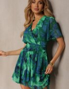 retro & icone Rochie Verde-Albastru cu croială evazată cu elastic în talie și decolteu în V Sannesia