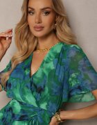 retro & icone Rochie Verde-Albastru cu croială evazată cu elastic în talie și decolteu în V Sannesia