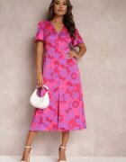 retro & icone Rochie violet evazată cu nasturi florală melanj
