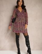 retro & icone Rochie Violetă din Material Transparent cu Croială Cloș cu Volane Evadira
