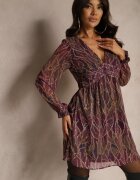 retro & icone Rochie Violetă din Material Transparent cu Croială Cloș cu Volane Evadira