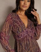 retro & icone Rochie Violetă din Material Transparent cu Croială Cloș cu Volane Evadira