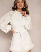 retro & icone Salopetă Bej Elegantă cu Model în Relief Volane și Mâneci Bufante Dalisa