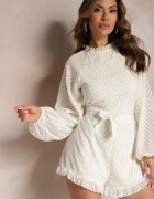 retro & icone Salopetă Bej Elegantă cu Model în Relief Volane și Mâneci Bufante Dalisa