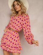 retro & icone Salopetă Fucsia-Portocalie cu croială scurtă cu elastic în talie cu imprimeu mozaic din viscoză Glimmeria