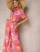 retro & icone Salopetă Mov-Portocalie cu top tip cămașă cu elastic în talie și curea din material Tlarion