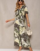 retro & icone Salopetă Verde-bej cu mânecă scurtă cu elastic în talie și curea din material textil Efilove