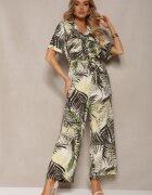 retro & icone Salopetă Verde-bej cu mânecă scurtă cu elastic în talie și curea din material textil Efilove
