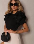 retro & icone Tricou negru din Bumbac Decorat cu Volane Voluminoase Kandrra