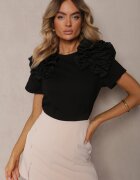 retro & icone Tricou negru din Bumbac Decorat cu Volane Voluminoase Kandrra