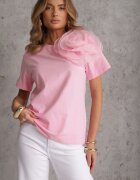 retro & icone Tricou roz din bumbac cu mânecă scurtă și cu floare decorativă Krissas
