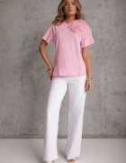 retro & icone Tricou roz din bumbac cu mânecă scurtă și cu floare decorativă Krissas