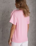 retro & icone Tricou roz din bumbac cu mânecă scurtă și cu floare decorativă Krissas
