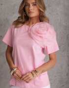retro & icone Tricou roz din bumbac cu mânecă scurtă și cu floare decorativă Krissas