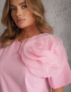 retro & icone Tricou roz din bumbac cu mânecă scurtă și cu floare decorativă Krissas