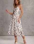  Rochie Alb-Gri cu Choker cu Floare Cloș cu Bretele Kremeria