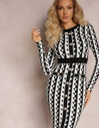  Rochie Albă Croită Tricotată cu Model Geometrice Grimau