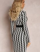  Rochie Albă Croită Tricotată cu Model Geometrice Grimau