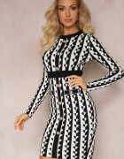  Rochie Albă Croită Tricotată cu Model Geometrice Grimau