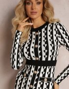  Rochie Albă Croită Tricotată cu Model Geometrice Grimau