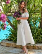  Rochie Albă cu croială evazată cu legătură Perolis