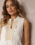  Rochie Albă cu elastic în talie cu broderie și paiete Inetake