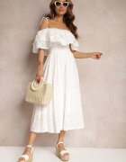  Rochie Albă De bumbac off-shoulder cu elastic în talie și volan Pavaria