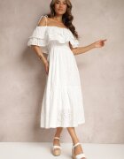  Rochie Albă De bumbac off-shoulder cu elastic în talie și volan Pavaria