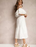  Rochie Albă De bumbac off-shoulder cu elastic în talie și volan Pavaria
