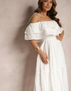  Rochie Albă De bumbac off-shoulder cu elastic în talie și volan Pavaria
