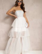  Rochie albă de seară maxi decorată cu paiete și cu volane din tul Neptina