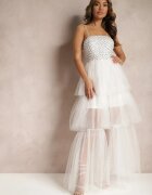  Rochie albă de seară maxi decorată cu paiete și cu volane din tul Neptina
