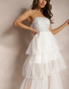  Rochie albă de seară maxi decorată cu paiete și cu volane din tul Neptina