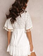  Rochie Albă din bumbac Boho cu broderie și șnururi Ladora