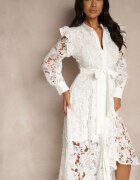  Rochie Albă Evazată cu croi tip cămașă cu volan și dantelă Caramia