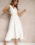  Rochie Albă Evazată Plisată din Vascoză și Bumbac cu elastic în talie Yefia