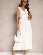  Rochie Albă Evazată Plisată din Vascoză și Bumbac cu elastic în talie Yefia